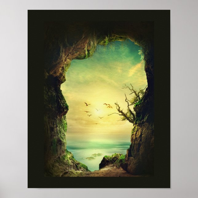 Poster Foto de uma caverna que se sobrepõe a um mar tropi (Frente)
