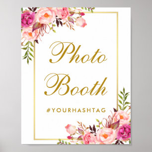Poster Foto Dourada de Casamento Rosa Floral Booth