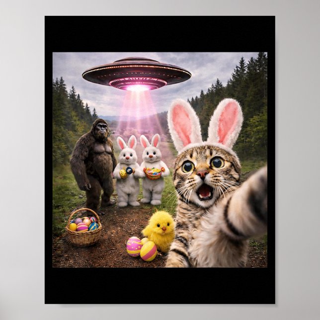 Poster Foto engraçada de gato no dia de Páscoa com coelho (Frente)