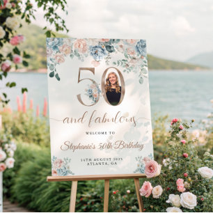 Póster Foto Floral Azul e Rosa 50º Aniversário Bem-vindo