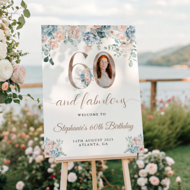 Póster Foto Floral Azul e Rosa 60º Aniversário Bem-vindo (Criador carregado)