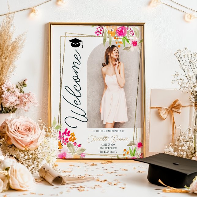 Poster Foto Floral Boho floral com graduação em dourado (Photo Floral Boho floral gold script graduation Poster)