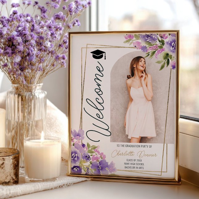 Poster Foto Floral Boho roxo dourado script formatura (Photo Floral Boho purple gold script graduation Poster)
