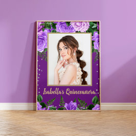 Poster Foto Floral de Quinceañera Roxo Elegante