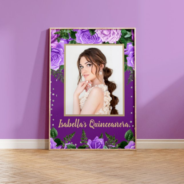 Poster Foto Floral de Quinceañera Roxo Elegante (Criador carregado)