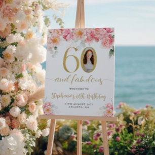 Póster Foto Floral Rosa E Dourada 60º Aniversário Bem-vin