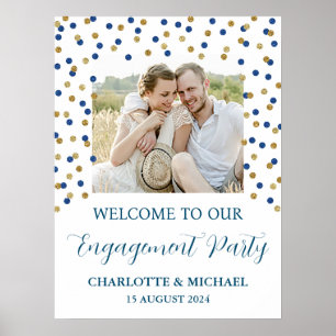 Poster Foto personalizada de Festa de noivado azul Dourad