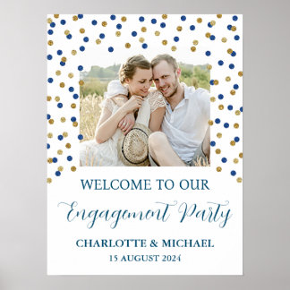 Poster Foto personalizada de Festa de noivado azul Dourad