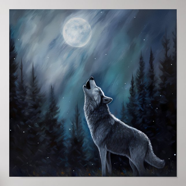 Poster Foto personalizada Pet | Wolf Howling Na Lua (Frente)