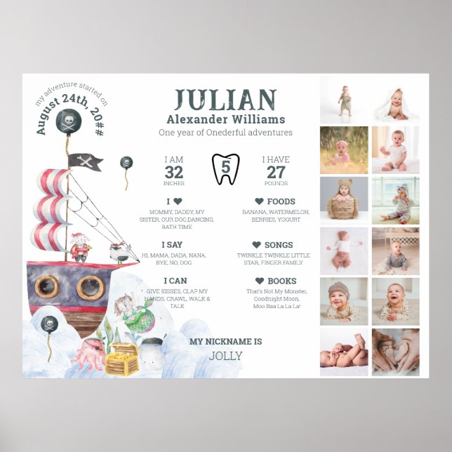 Poster Foto Pirate 1rua Ano Milestone 12 Meses Foto (Frente)