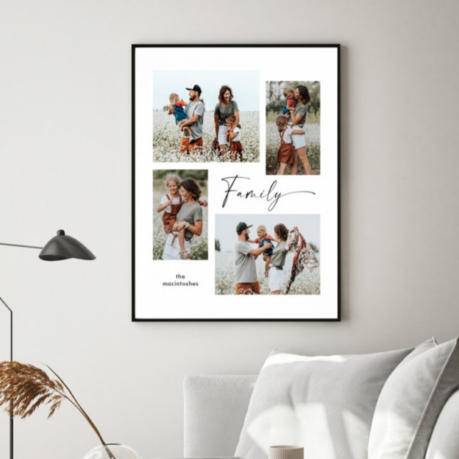 Poster Foto simples Colagem Preta e Branco (Simple black and white script family 4 photo collage print poster.)