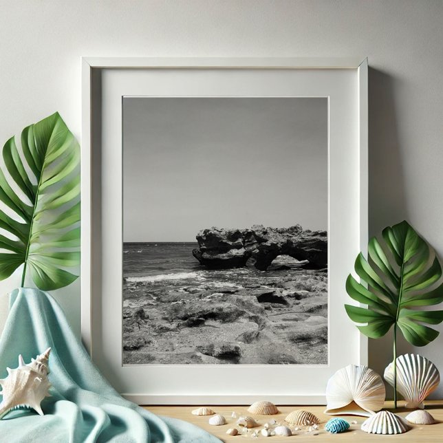 Póster Fotografia de viagem Florida Beach (Black and white Florida travel photography poster of Blowing Rocks Coral Cove Beach Jupiter Florida)