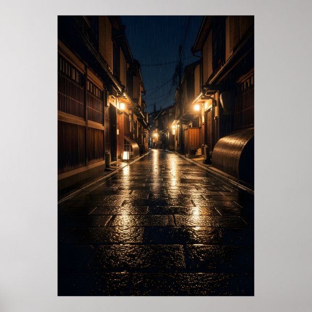 Poster Fotografia Noturna de Beco Japonês sob Chuva em Ky (Frente)