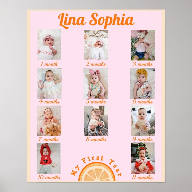 Poster Fotos Mensais Rosa Divertido do Primeiro Ano (Frente)