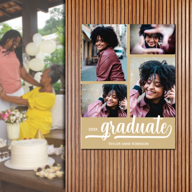 Poster Fotos modernas sobre graduação Dourada (Modern 4 photo on gold graduation party poster - PRINTED and/or INSTANT DOWNLOAD)