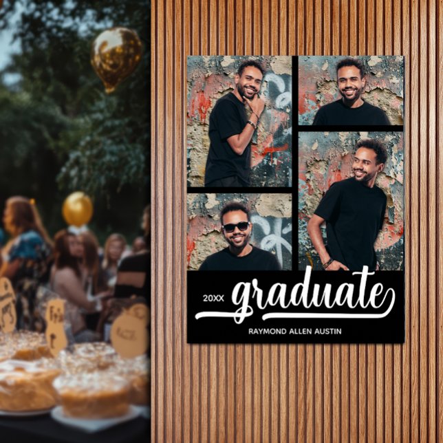 Poster Fotos modernas sobre graduação em preto (Modern 4 photo on black graduation party poster - PRINTED and/or INSTANT DOWNLOAD)