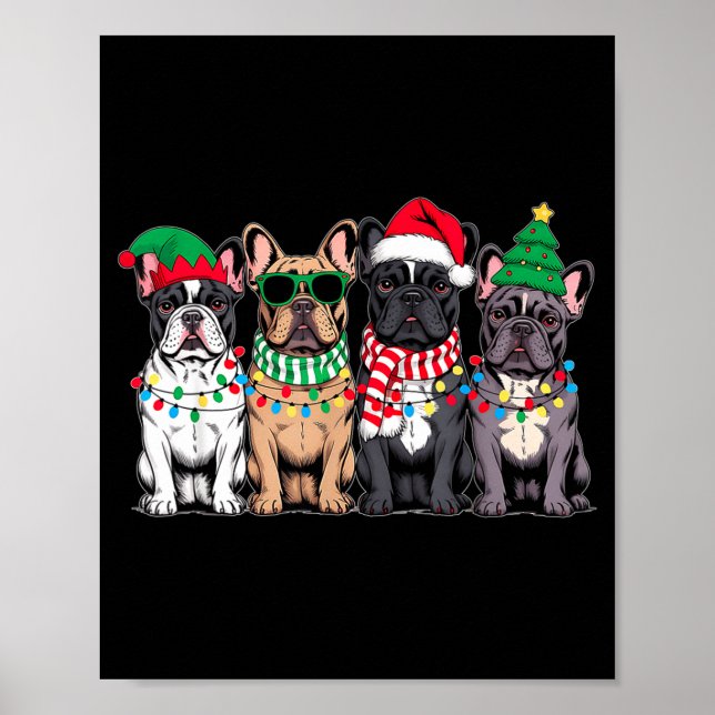 Poster Four French Bulldog Dogs Christmas Funny Santa Rei (Frente)