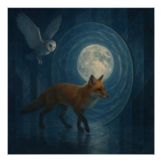 Póster Fox and Barn Owl Under the Moonlit Portal – GeoWil