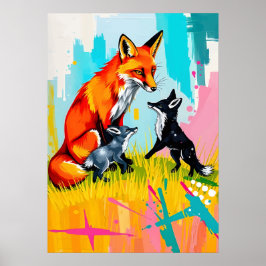 Poster Fox Family Playtime - Neon Willife Pop Art