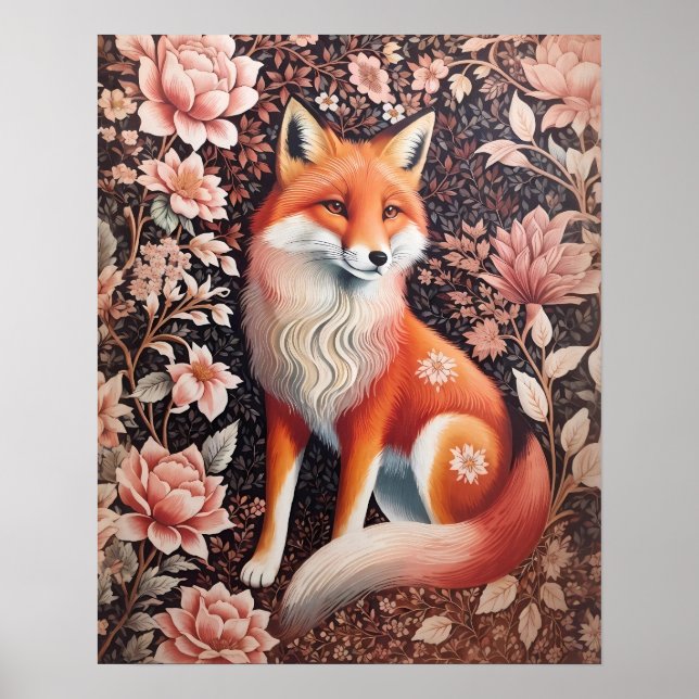 Poster Fox Floral Rosa Elegante William Morris Inscrita (Frente)