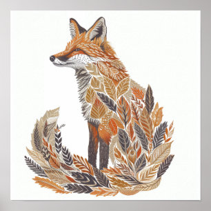 Poster Fox Silhouette com Padrões Folhetos Detalhados