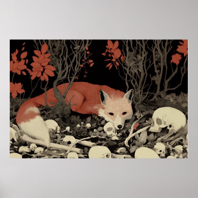 Poster Fox Skull Art Impressão, Ilustração da Vida Selvag (Frente)