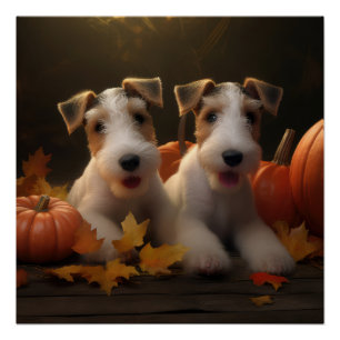 Póster Fox Terrier Puppy Autumn Delight Pumpkin