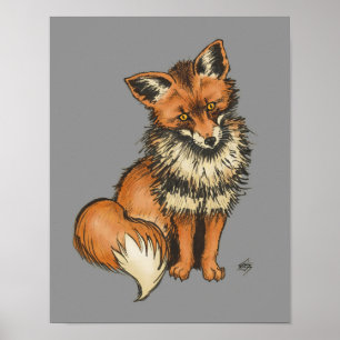 Poster Fox vermelho no fundo cinzento