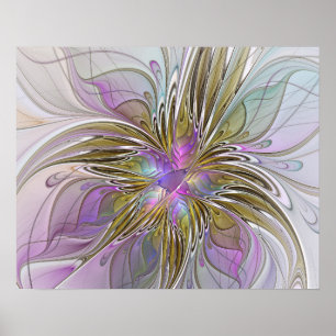 Poster Fractal Abstrato Colorida Floral, Rosa E Dourada