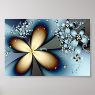 Póster Fractal Azul Dourado, Abstrato cúbico floral
