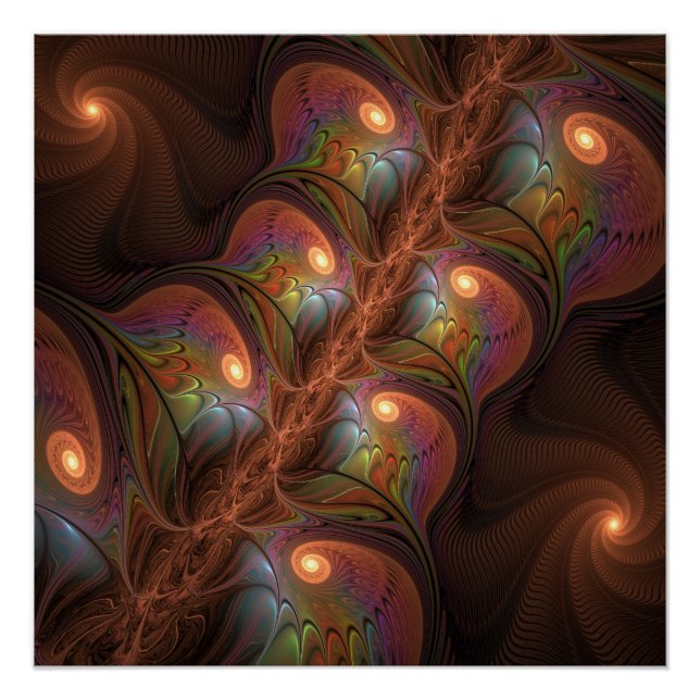 Póster Fractal Castanho Abstrato fluorescente colorido (Frente)