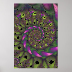 Poster Fractal com Formas Péticas Verde Roxo e Rosa