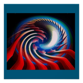 Póster Fractal de Fantasia Azul e Branco Vermelho