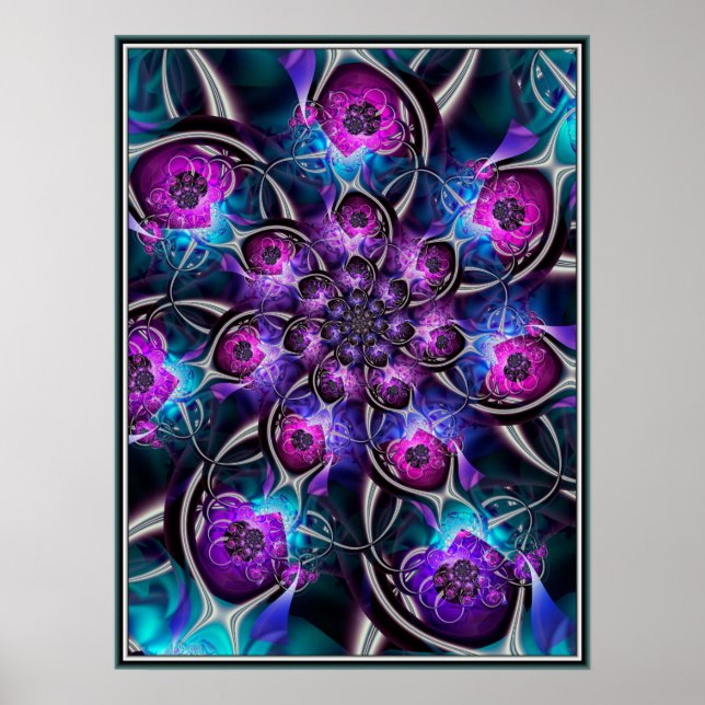 Poster Fractal de Flor Roxa e Azul (Frente)