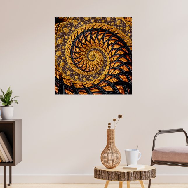 Poster Fractal Espiral abstrato preto e Dourado (Sala de Estar 3)