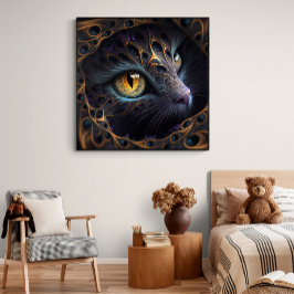 Poster Fractal Gato Rosto em Cores Pretas e Vibrantes