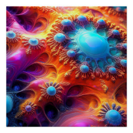 Póster Fractal Psicodélico Azul Ouro e Roxo