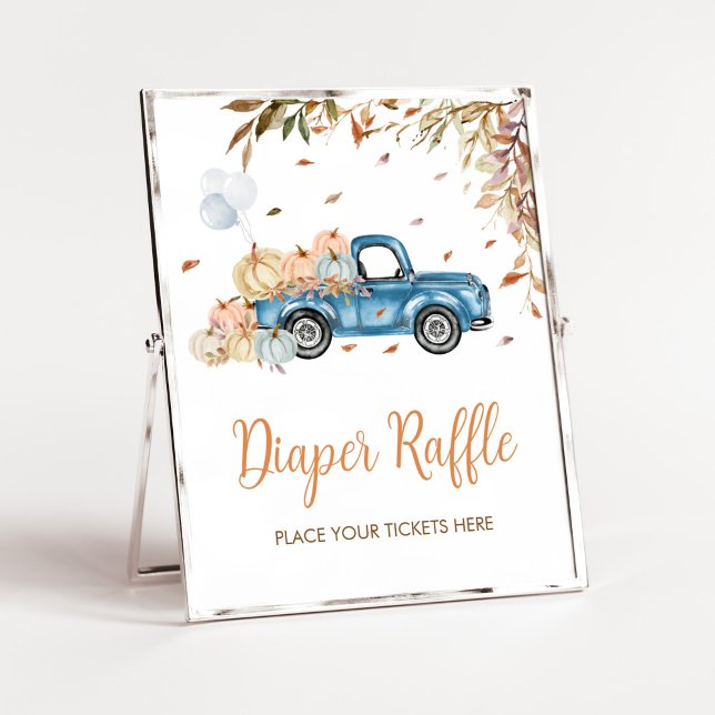 Poster Fralda de Bomba Azul Chá de fraldas Raffle (Boy Little Pumpkin Truck Baby Shower Diaper Raffle Sign)