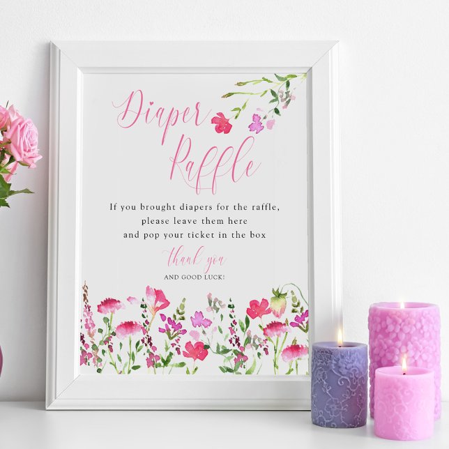 Poster Fralda de Chá de fraldas de flor selvagem rosa-Raf (Diaper Raffle Game Sign from my Pink Wildflower Collection. Message me to create more items.)