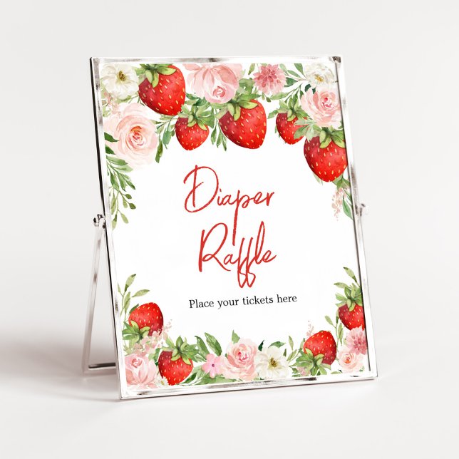 Poster Fralda de morango Raffle (Pink Floral Strawberry Baby Shower Diaper Raffle Sign)