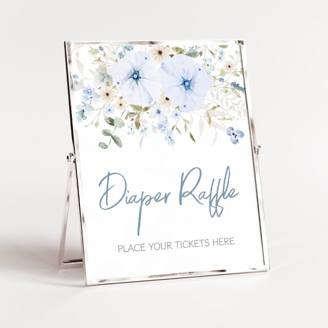 Poster Fralda de Sangue do Bebê Azul Dusty Raffle (Boy Spring Flowers Baby Shower Diaper Raffle Sign)
