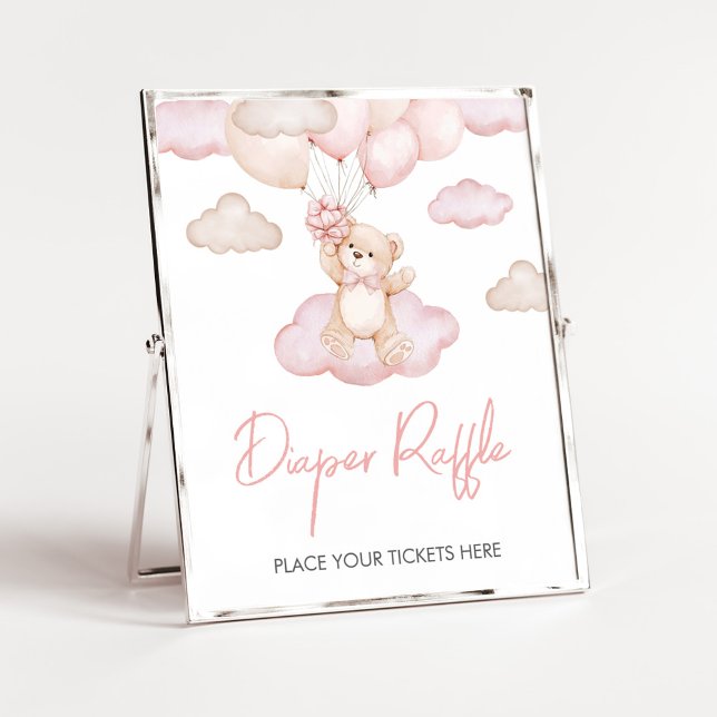 Poster Fralda do Balão do Urso Bebê Rosa Raffle (Pink Baby Bear Balloon Baby Shower Diaper Raffle Sign)