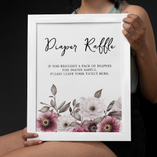 Poster Fralda Floral Branca e Plum Chá de fraldas Raffle