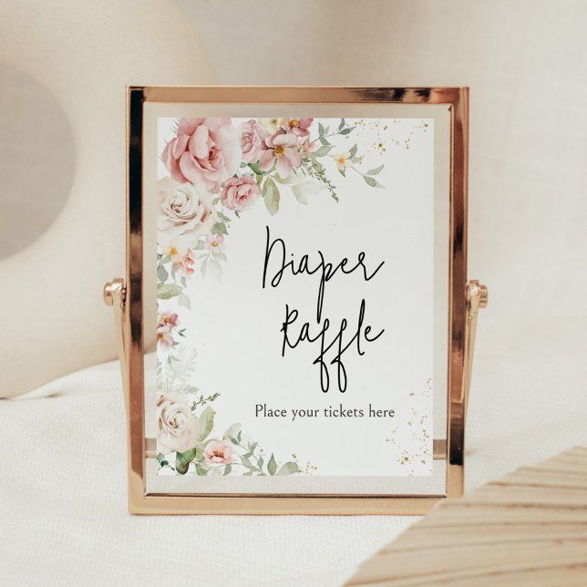 Poster Fralda Floral Rosa Dusty Raffle (Dusty Pink Floral Greenery Baby Shower Diaper Raffle Sign)