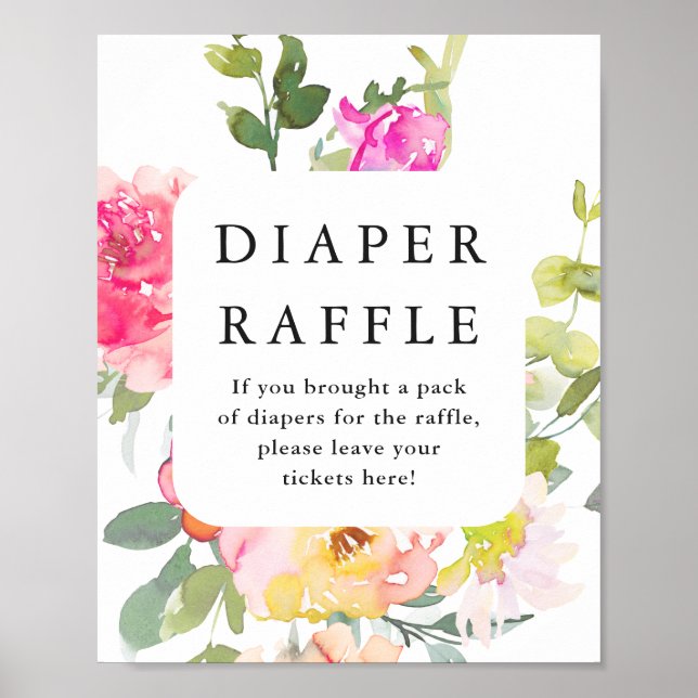 Poster Fralda Raffle Chá de fraldas Floral Branco (Frente)
