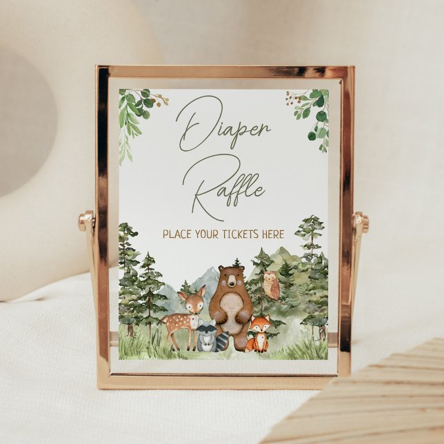 Poster Fralda Raffle dos Animais da Floresta Verde (Greenery Forest Animals Baby Shower Diaper Raffle Sign)