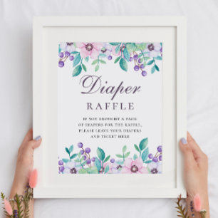 Poster Fralda Raffle. Jogo de chá de fraldas floral roxo