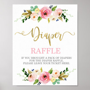 Poster Fralda Raffle rosa e dourado sinal floral