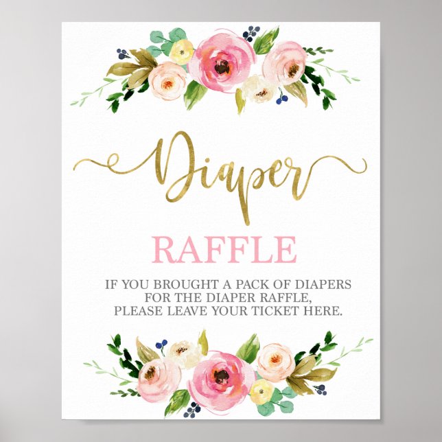 Poster Fralda Raffle rosa e dourado sinal floral (Frente)