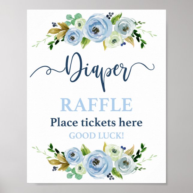 Poster Fralda Raffle sinal azul floral (Frente)